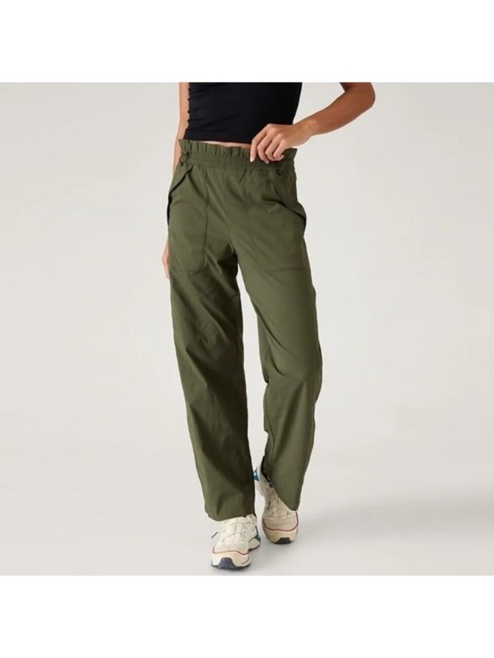 Athleta Women L Trekkie High Rise Parachute Pant Olive Green Adjustable MARKS